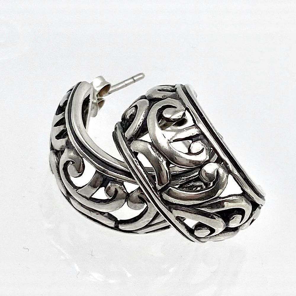 TAXCO Sterling Silver Cutout Scroll Open Curved Drop Earrings